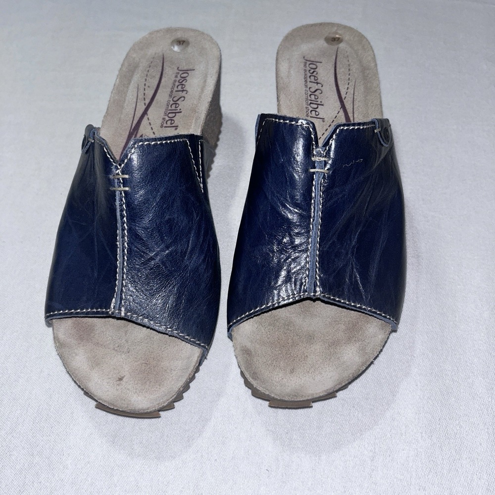 Josef Seibel Meike Navy Leather Slides Mid Wedge Sandals EUR 37 US 6.5 - Picture 4 of 11